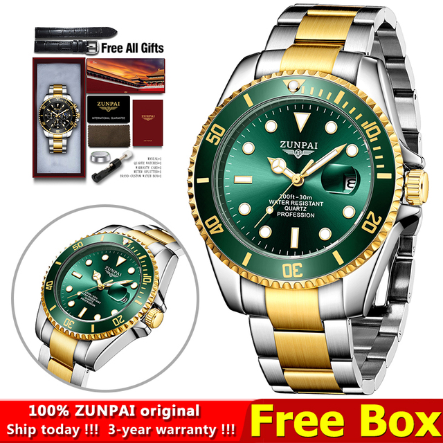 100% Original ZUNPAI Watch Men Sport Water Resistant Diving Wristwatches Stainless Steel Gold 2022New Luxury Fashion TOPBrand