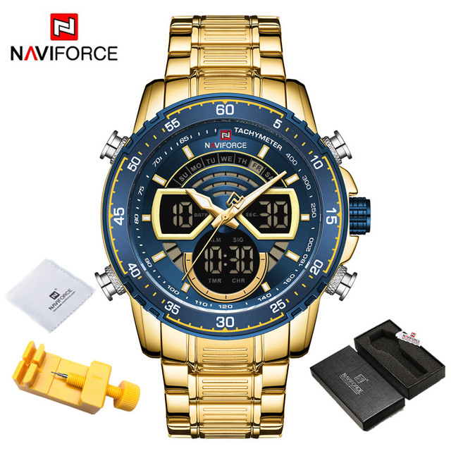 NAVIFORCE Men Sports Military Waterproof Watches Luxury Analog Quartz Digital Wrist Watch for Men Stainless Steel Gold Watches