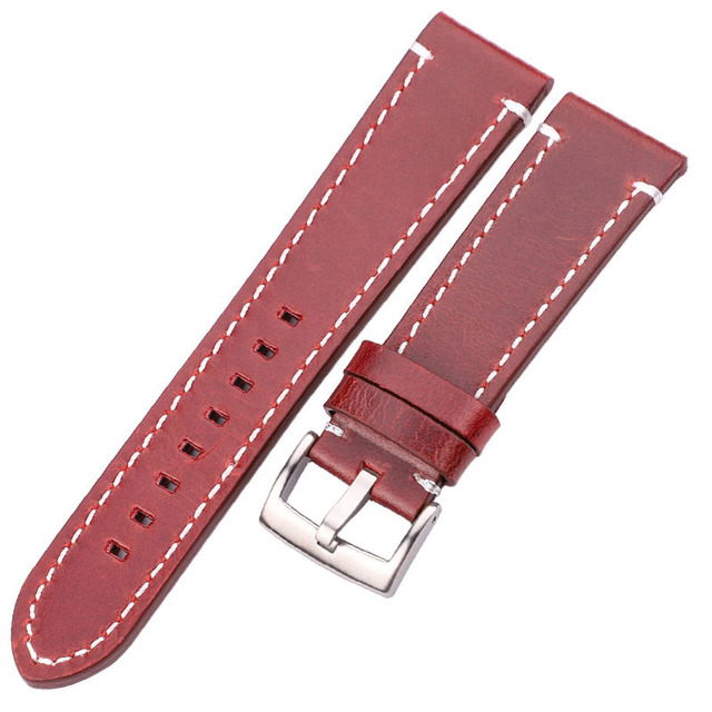 HENGRC - Genuine Cowhide Leather Watch Strap for Men and Women, Thickness 18, 20, 22, 24mm, Handmade, Retro, with Metal Buckles