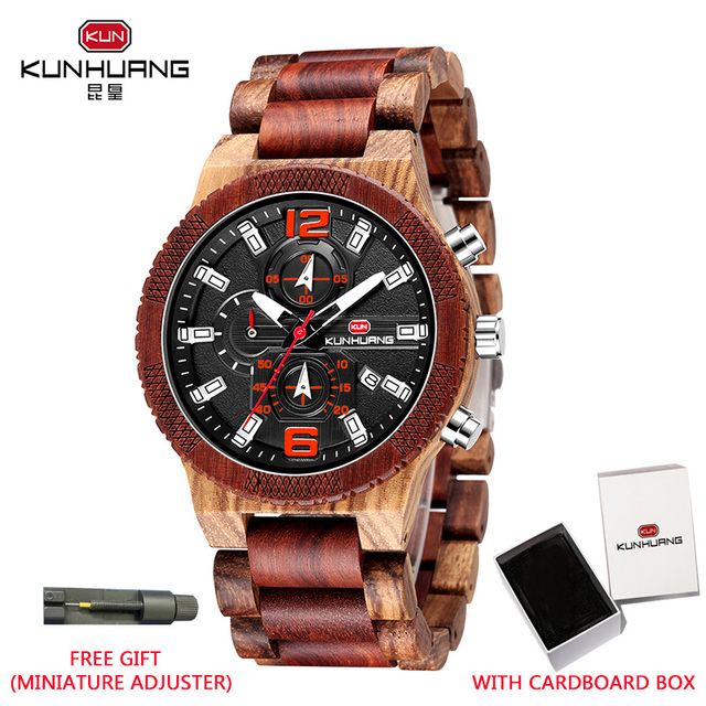 Kunhuang Wooden Watch Fashion Personality Creative Design Senior Ebony Men Watches Quartz Watch Movement Wooden Box Montre Homme