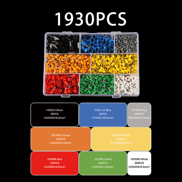 Boxed VE Series Insulated Terminal Block Cord End Crimping Sleeve Terminal Wire Cable Connector Electrical Pipe Terminals Suit