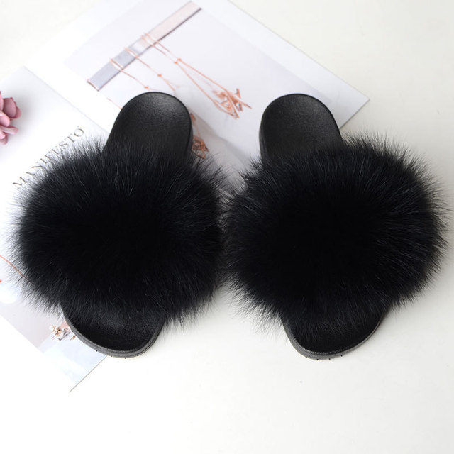 Women Summer Fluffy Fur Slippers Flat Non-slip Solid Real Furry Fur Slides Platform Shoes Plush Fur Sandals Flip Flops Women