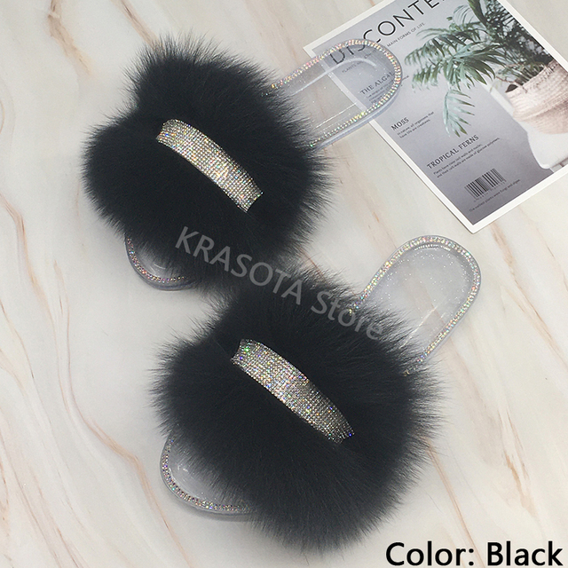 Jelly Slippers Transparent Crystal Flat Slippers Furry Slides for Women Fluffy Slippers Fur Sandals Flip Flop Ladies Summer 2022