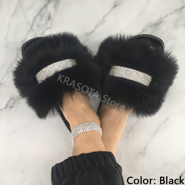 Home Slippers Women Thin Slippers Luxury Summer Faux Fur Slippers Furry Slides Shoes For Women With Rhinestones Slipper 2022