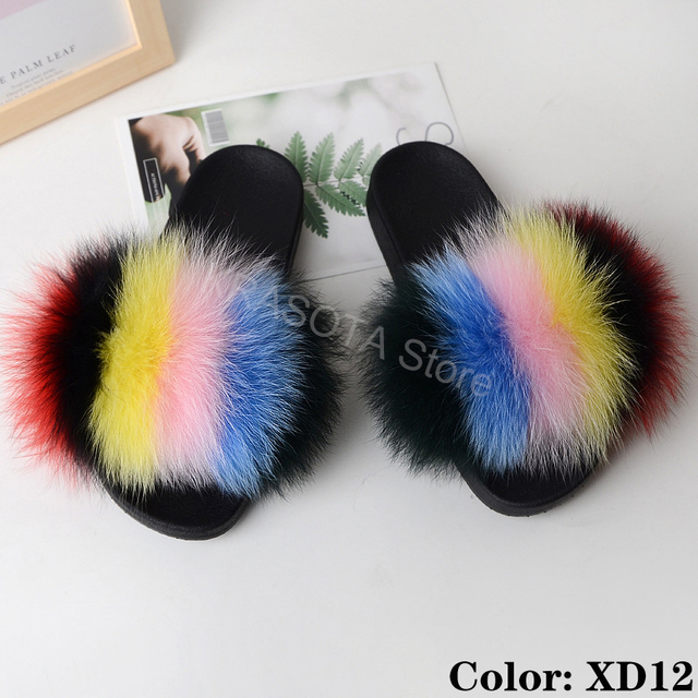 fluffy slippers women luxury real fox fur slippers women home fur slides ladies summer flip flops wholesale flat shoes slippers