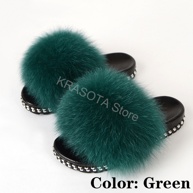 Fur Slippers Women Real Fox Fur Slides Fluffy Home Slippers Luxury Flip Flop with Fur Ladies Platform Sandals Summer Shoes Women