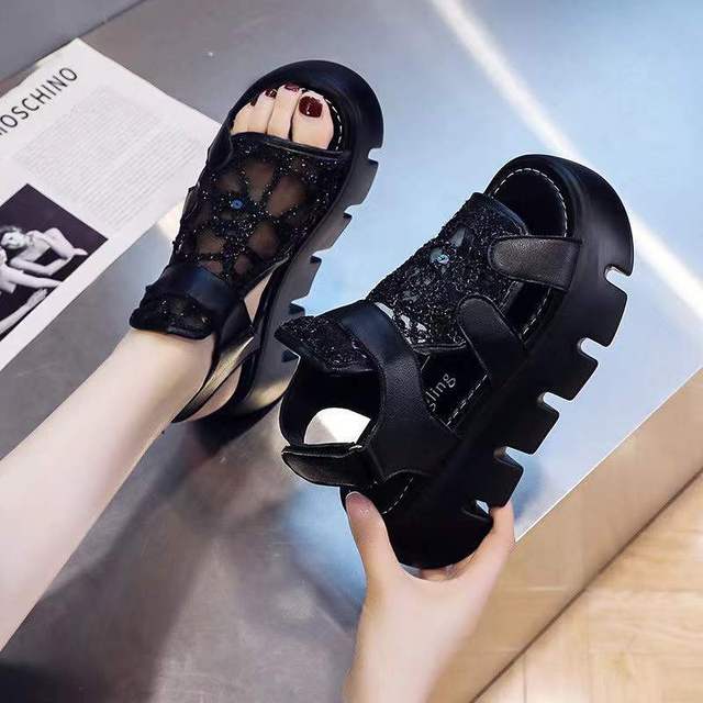 Women's sandals 2021 summer new fashion thick bottom breathable Eugene yarn mesh magic splice Roman sandals hook and loop