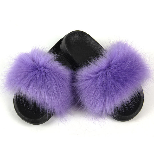 Women Summer New Synthetic Fox Fur Slippers Indoor Home Furry Cute Faux Raccoon Fur Non-slip Outdoor Home Shoes Beach Sandals