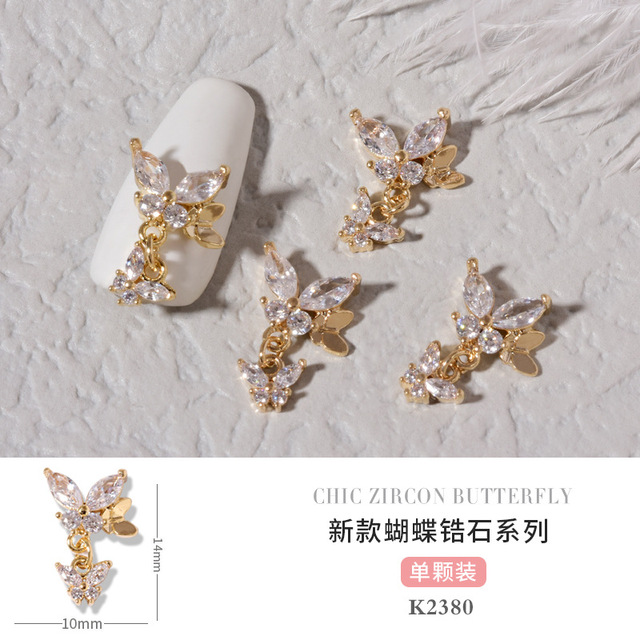 3pcs Butterfly manicure new luxury zircon nail drill paste three-dimensional metal pendant chain nail jewelry