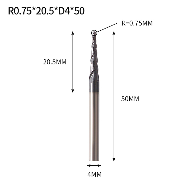 VACK - Ball Nose Pointed End Mills, 3.175mm, 4mm, 6mm, 8mm, Router Bits, Cnc, Wood and Metal Milling Machine