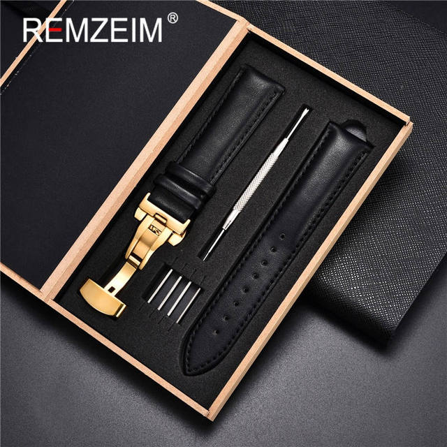 Rimzm Soft Calfskin Leather Watches 18mm 20mm 22mm 24mm Straps Automatic Butterfly Clasp Watch Accessories With Box