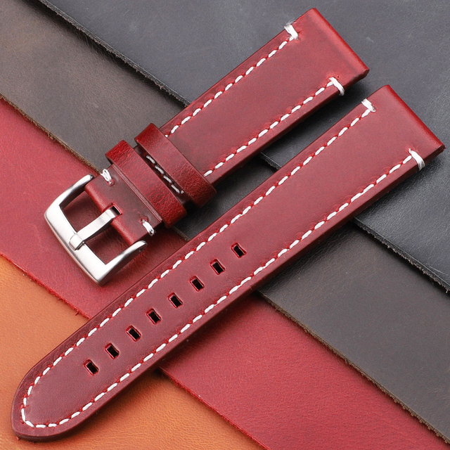 Genuine Leather Watch Band Strap Manual Men Thick 7 Colors 18mm 20mm 22mm 24mm Watchbands Stainless Steel Buckle Accessories