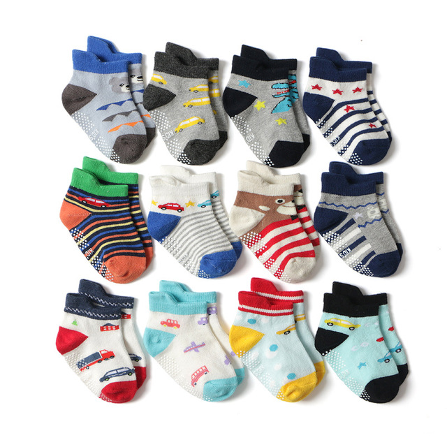 Baby Socks SkiBeaut 12 Pairs Non-Slip Skid Socks for Kids Boys Grips Cotton Crew Socks for 1-3/3-5 Years