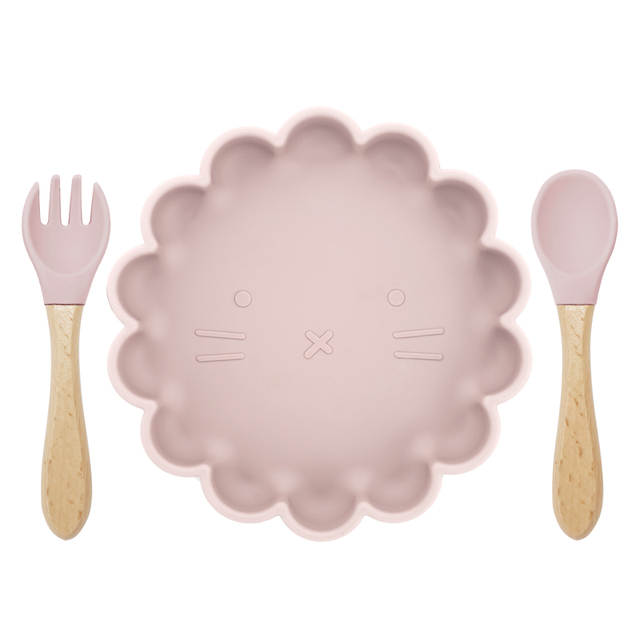 Children's Silicone Dinner Plate Strong Sucker Cartoon Lion Baby Feeding Set BPA Free Wooden Handle Fork Spoon Baby Shower Gift