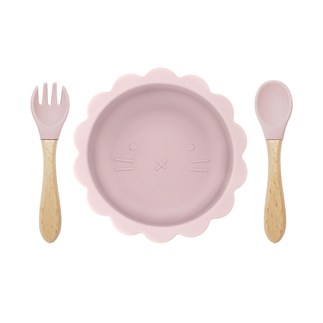 Cute silicone bowl children's complementary tableware food bowl BPA-free waterproof tableware plate wooden spoon silicone fork