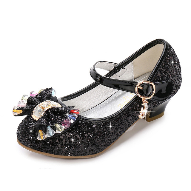 ULKNN-Girls Princess Leather Shoes Casual Floral Sequin High Heel Butterfly Bowknot Shoes Blue Pink Silver