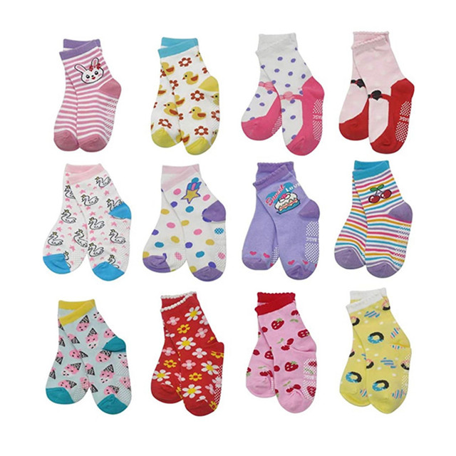 12 pairs/set kids socks baby girl anti-slip boy elastic knit cotton 1-5 years