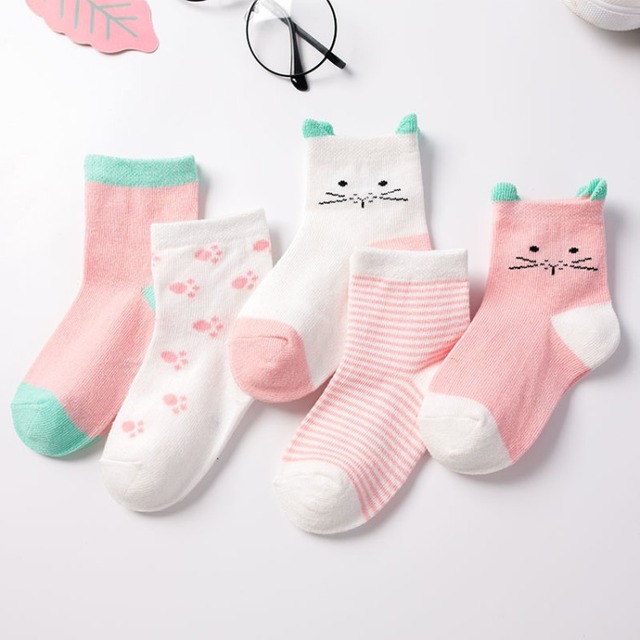 5pairs/lot 0 to 6 Years Kids Soft Cotton Socks Boy Girl Baby Cute Cartoon Warm Stripe Dots Fashion School Socks Autumn Spring