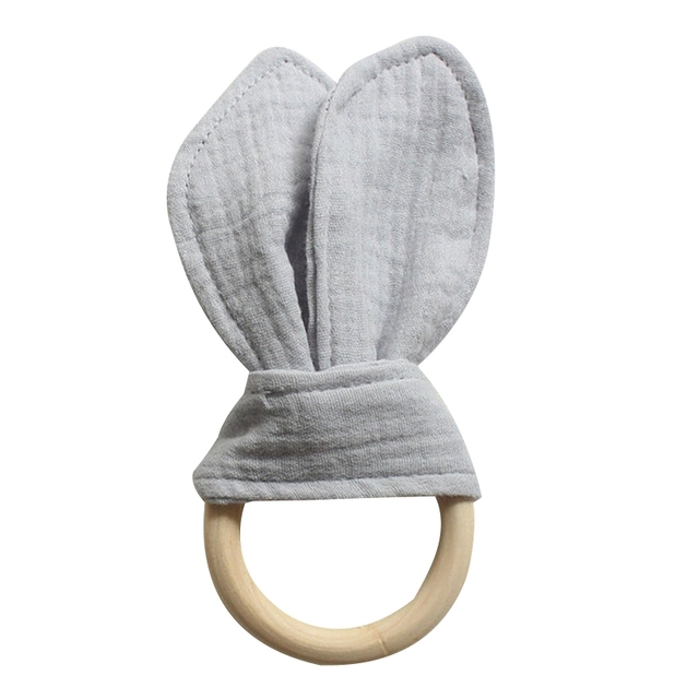 Baby Wooden Hand Grasp Soft Toy Cotton Cute Rabbit Ears Teether Bracelet Rattle