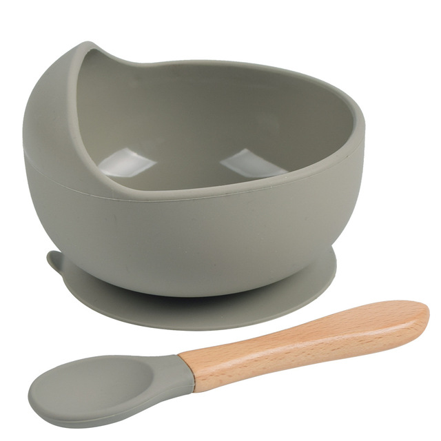 Baby Silicone Bowl Feeding Tableware Children Suction Bowl Plate Wooden Handle Silicone Spoon Dish Set For Baby Kitchen Utensils