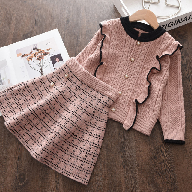 Menoea Christmas Girls Clothes Sets For Kids Knitted Winter Dots T-shirts Skirt 2pcs Suits Ruffles Christmas Vestidos Children Clothes