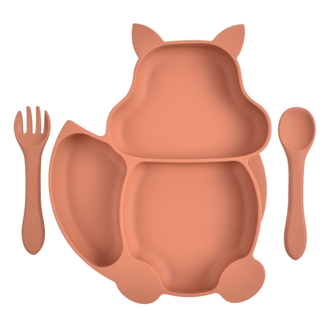 Baby Food Squirrel Silicone Baby Feeding Tray With Fork Spoon Set Dinnerware Training