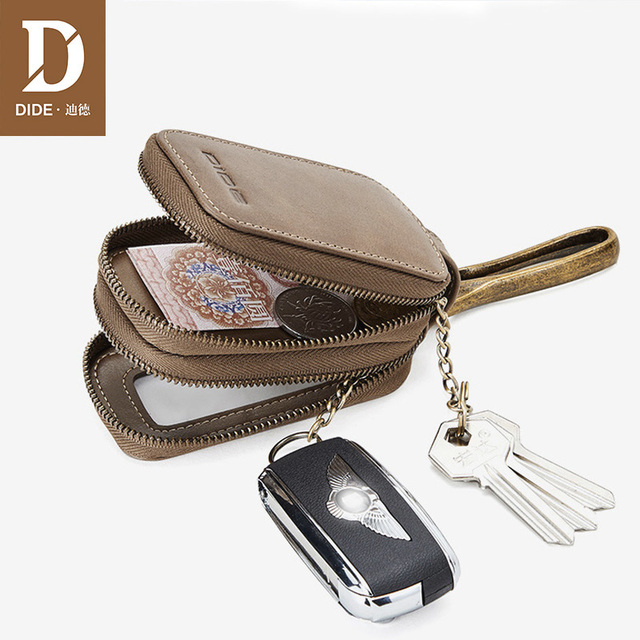 DIDE Vintage Car Genuine Leather Mini Key Bag Coin Purse Wallets Men Women Keys Organizer Keychain Double Zipper Key Cover