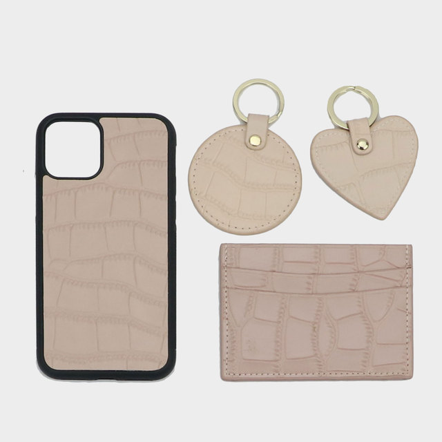 Customized Name Card Holder Leather Heart Keychain Embossed Crocodile Leather Phone Case for iPhone 11,12 Pro Max Gift Box Set