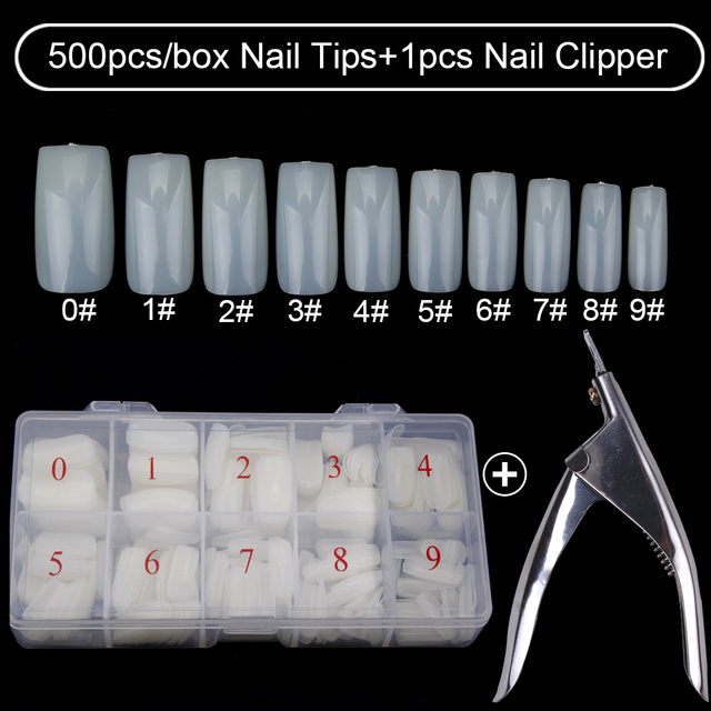 500pcs/box Clear Artificial False Nail Tips Capsule with Nails Cutter Coffin French Full Cover Fake Nails Manicure Tools