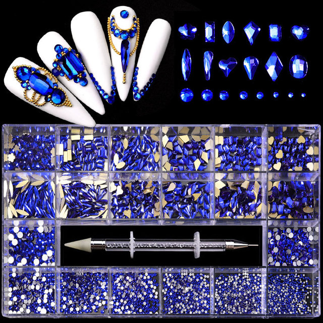 Luxury Box Shiny Diamond Nail Art Rhinestone Crystal Glass Set Decorations Set 1pcs Pick up Pen in Grids Box 21 Shapes of 2500pcs