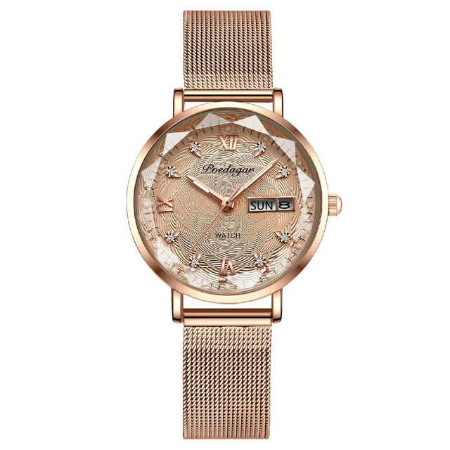 Swiss Brand POEDAGAR Women Watches Luxury Rose Gold Mesh Wristwatch Fashion Simple Waterproof Date Ladies Bracelet Watch Clock