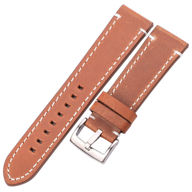 HENGRC - Genuine Cowhide Leather Watch Strap for Men and Women, Thickness 18, 20, 22, 24mm, Handmade, Retro, with Metal Buckles