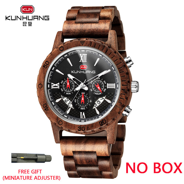 Kunhuang Luxury Brand Men's Watch Wooden Multifunctional Raw Quartz Watch High Strength Ebony Glass Case relógio masculino