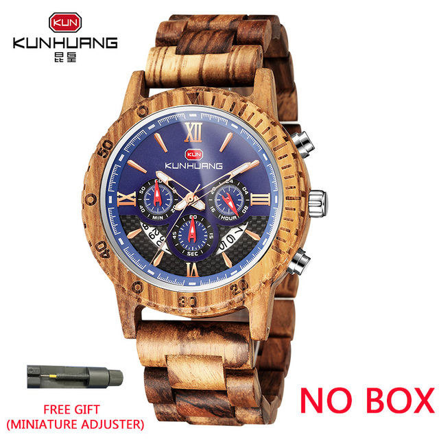 kunhuang wooden watch men erkek kol saati luxury stylish wood watches chronograph military quartz watches in wooden gift box