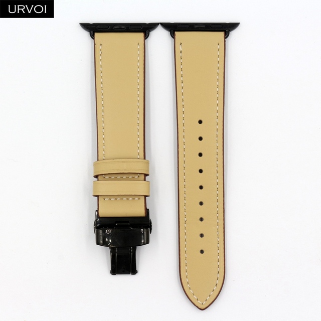 URVOI Deploy Buckle Band for Apple Watch 7 6 SE 5 4 3 Leather Strap for iwatch 41mm 45mm Single Round Design Butterfly Buckle