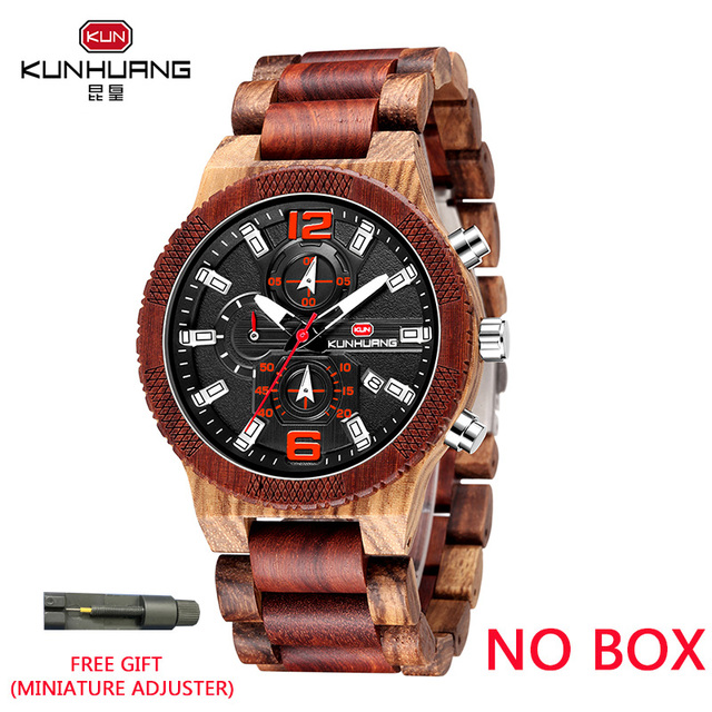 KUNHUANG Top Luxury Wooden Watches Men Sport Chrono Quartz Watches Men Date Luminous Wooden Watch Man Relogio Masculino