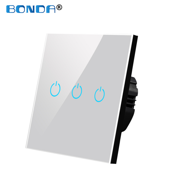 BONDA Touch Wall Switch 220V EU Standard Tempered Glass Crystal Power Panel 1/2/3 Gang 1 Way Light Sensor Switch Waterproof