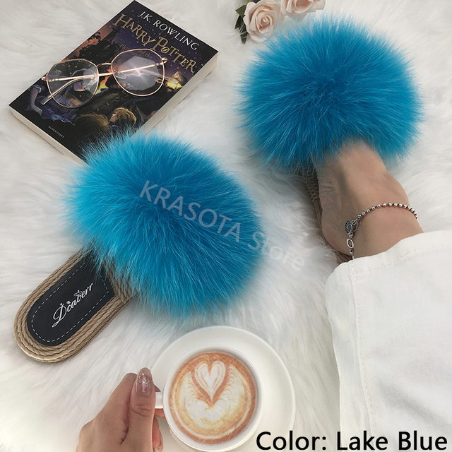 Real Fox Fur Slides Summer Women Faux Espadrilles Slippers Ladies Fluffy Flip Flops Luxury Furry Sandals Shoes 36 37 38 39 40