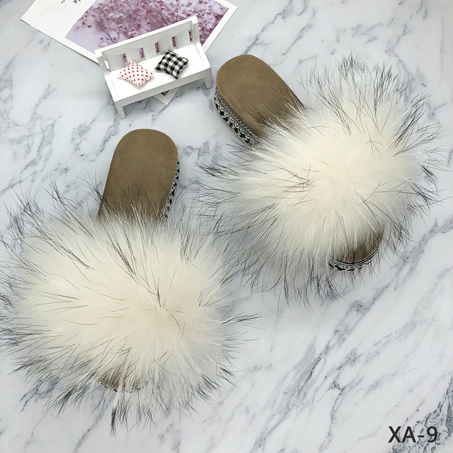 Fur Slides Summer Rivets Platform Sandals Ladies Sandals Outdoor Real Fur Ladies Heels Shoes 2021 New Fluffy Slippers Flip Flops