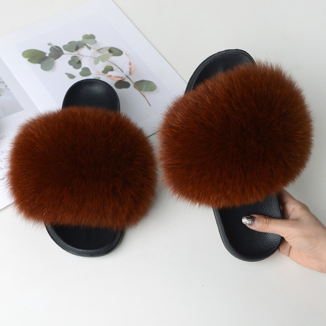 Summer fox fur slippers flat non-slip solid plush home shoes