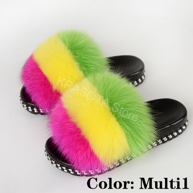 Fur Slippers Women Real Fox Fur Slides Fluffy Home Slippers Luxury Flip Flop with Fur Ladies Platform Sandals Summer Shoes Women