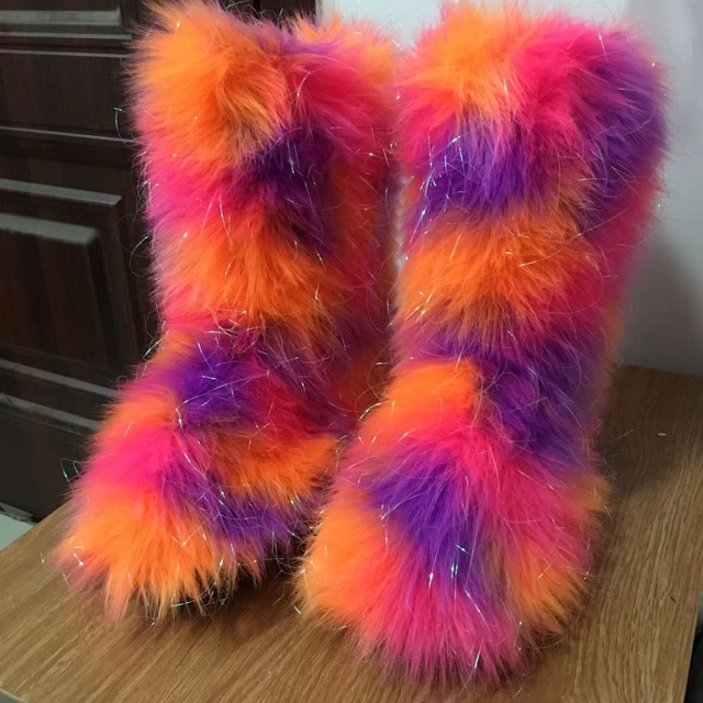 Women Snow Boots Outdoor Fur Boots Fluffy Fur Female Luxury Furry Plush Bottes Warm Mid-Calf Winter Boots Large Size Platform