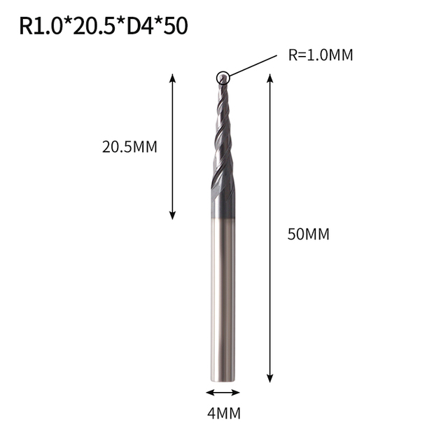 VACK - Ball Nose Pointed End Mills, 3.175mm, 4mm, 6mm, 8mm, Router Bits, Cnc, Wood and Metal Milling Machine