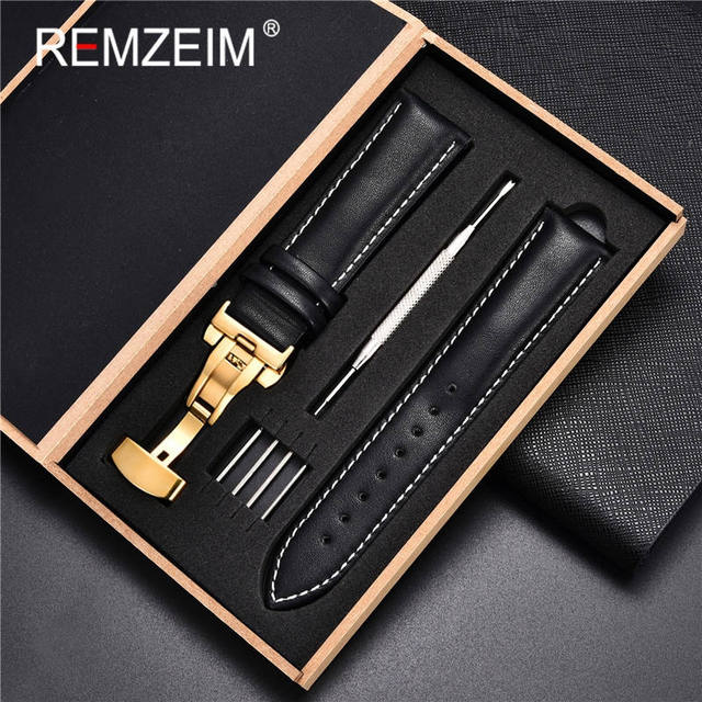 Rimzm Soft Calfskin Leather Watches 18mm 20mm 22mm 24mm Straps Automatic Butterfly Clasp Watch Accessories With Box