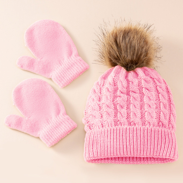 Cute Hat Scarf Set Beanie Hat Gloves 3pcs Children Hats Girls Fake Ball Pom Keep Warm Winter Knitted Skullies Kids Bone