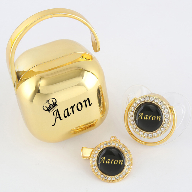 Any Name Personalized Gold Bling Pacifier Chain Clip Pacifier Box Set BPA Free Doll Pacifier Luxury Pacifier Baby Gift