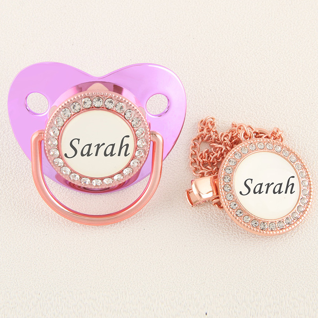 Luxury Rose Gold Personalized Logo Pacifier with Rhinestone Clips Orthodontic Soother Infant BPA Free Silicone Nipples