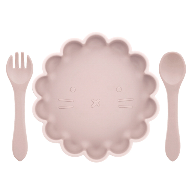 Children's Silicone Dinner Plate Strong Sucker Cartoon Lion Baby Feeding Set BPA Free Wooden Handle Fork Spoon Baby Shower Gift