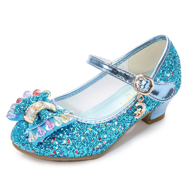 ULKNN-Girls Princess Leather Shoes Casual Floral Sequin High Heel Butterfly Bowknot Shoes Blue Pink Silver