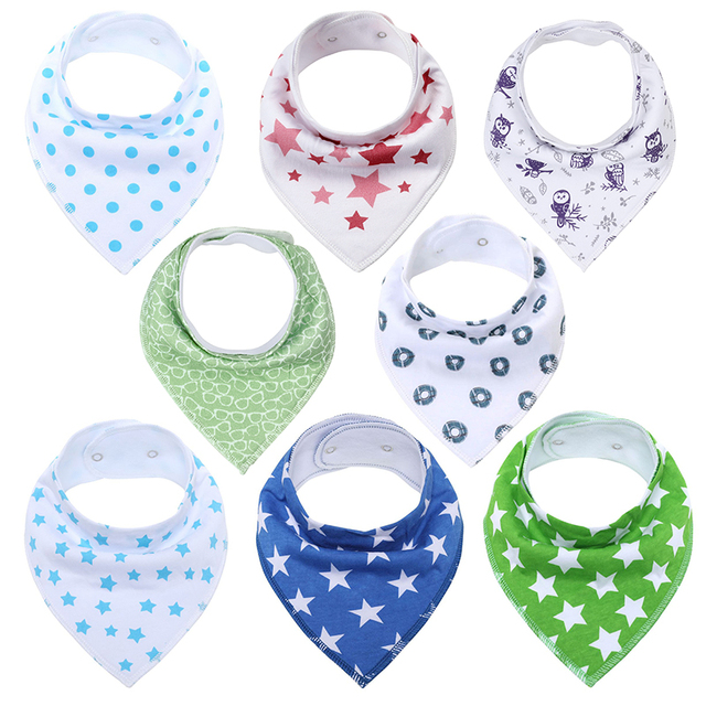 8pcs/lot soft comfortable colorful 100% organic cotton and baby bandana for boys and girls infants adjustable snaps saliva baby bibs